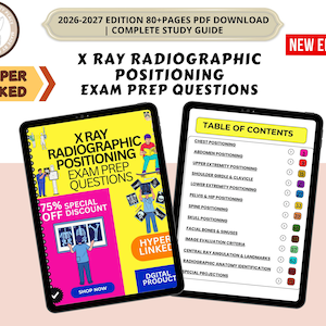 Puede incluir: Una guía de estudio digital para preguntas de preparación de exámenes de posicionamiento radiográfico, edición 2026-2027, 80+ páginas. La portada presenta ilustraciones de profesionales médicos y radiografías sobre un fondo amarillo.