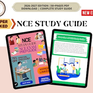 以下が含まれることがあります： 2026-2027年版NCE学習ガイドを表示する2台のタブレット。左側の画面は、学生のイラストと「NCE STUDY GUIDE NCE EXAM PREP GUIDE」というテキストが記載されたピンク色の表紙です。右側の画面は、緑色の枠線とテキストが記載された白いページです。