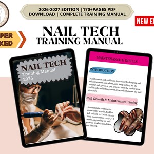 Può includere: Un manuale di formazione digitale per onicotecnici in PDF con il testo 2026-2027 EDITION | 170+PAGES PDF DOWNLOAD | COMPLETE TRAINING MANUAL e NEW EDITION. La copertina mostra una persona che utilizza una lima elettrica, mentre la pagina interna mostra il titolo MAINTENANCE & INFILLS e Nail Growth & Maintenance Timing con un'immagine di unghie curate.