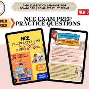 May include: Two tablets displaying NCE Exam Prep Practice Questions for the 2026-2027 edition. The left screen shows a yellow cover with illustrations of people studying, while the right screen displays a page titled Theories and Models of Counseling.