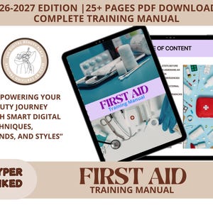 以下が含まれることがあります： 2 台のタブレットに、救急救命のトレーニングマニュアルが表示されています。マニュアルの表紙は紫と白で、医療用品が見えます。テキストは「First Aid Training Manual」と「2026-2027 Edition」と書かれています。画像には「Empowering your beauty journey with smart digital techniques, trends, and styles」というテキストも含まれています。