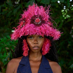 Pink floral raffia hat, Statement Head Peice, handwoven straw bucket hat