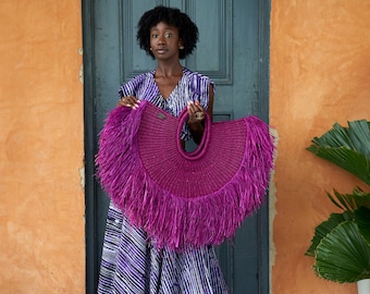 Bolso tote de rafia tejido a mano con flecos – Zulu Beach Bag — Bolso de verano