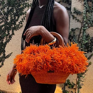 Handwoven Straw Raffia Bag— Large Boho Tote Basket — Orange fringe  Statement Purse