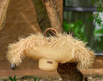 Handwoven Elephant Grass Tote Bag – Large Raffia Fringe Summer Basket