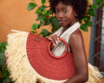 Handwoven Straw Fringe Tote – Ghana Elephant Grass Raffia Beach Bag