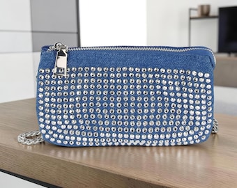 Rhinestone Denim Crossbody, Bling Jean Purse, Small Multi Compartment Bag, Y2K Sparkly