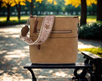 Guitar Strap Crossbody Bag – Faux Leather Front Zip Purse