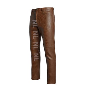 Men's Brown Crocodile Embossed Leather Pants – Slim Fit Biker Trousers