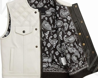 Men's White Cowhide Leather Biker Vest – Black Paisley Lining, Snap Front Waistcoat