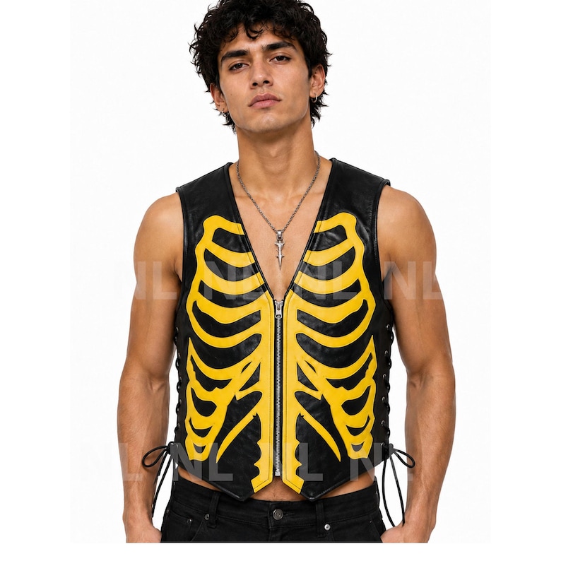 May include: Black leather vest with a yellow rib cage design. The vest has a zipper closure and lace-up sides. A unique and edgy fashion statement.