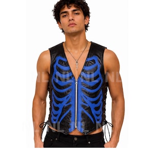 May include: Black leather vest with a blue rib cage design. The vest has a V-neck, a silver zipper, and lace-up sides. A unique and edgy fashion statement.