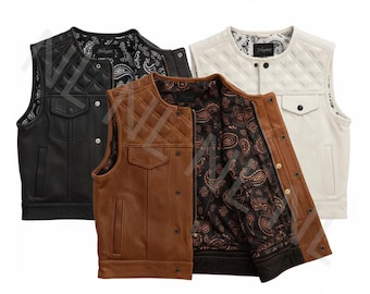 Men's Leather Biker Waistcoat Quilted Motorcycle Riding Vest Handmade