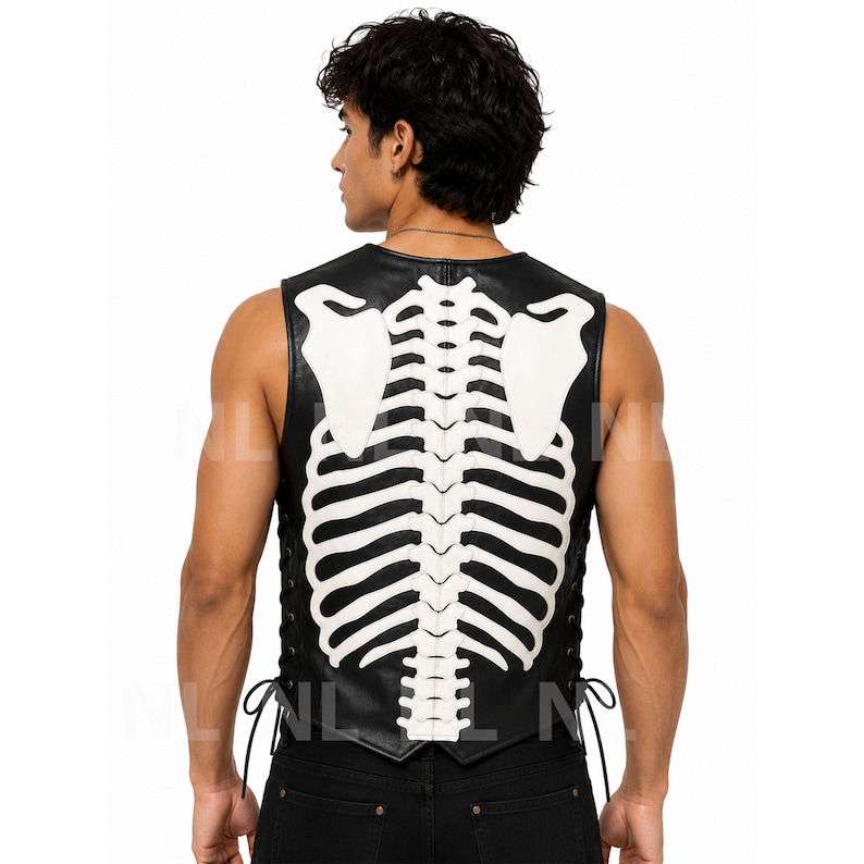 May include: Black leather vest with a white skeleton design on the back. The vest has a sleeveless design and a lace-up closure on the sides. The skeleton design includes the rib cage and shoulder blades.