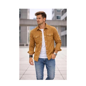 Tan-suèdeleren overhemd heren | Echt schapensuède overhemd met knopen, slim-fit casual leren overshirt