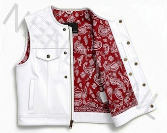 Men’s White Cowhide Leather Biker Vest with RED Paisley Lining – Motorcycle Club Snap Front Riding Waistcoat