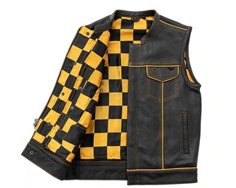 Men's Cowhide Leather Biker Vest – Yellow Checker Lining, Snap Front Riding Waistcoat