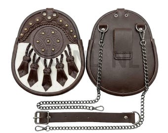 Brauner Ledersporran mit Kettengürtel | Handgemachter schottischer Kilt Sporran | Traditionelles Highland Dress Accessoire | Keltischer Sporran-Beutel