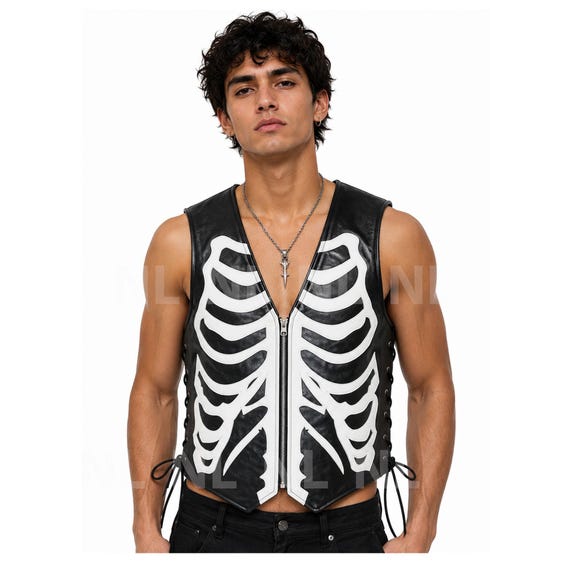 Men's Black Skeleton Leather Vest – Gothic Biker Punk Rock Lace-Up Design