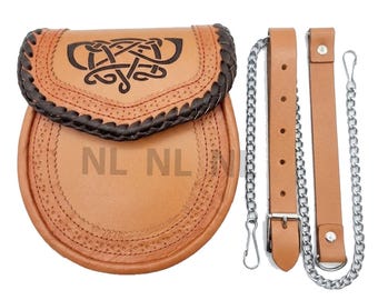 Handgefertigter Leder-Sporran - Kilt-Beutel mit keltischer Prägung und Ketten-Gürtel