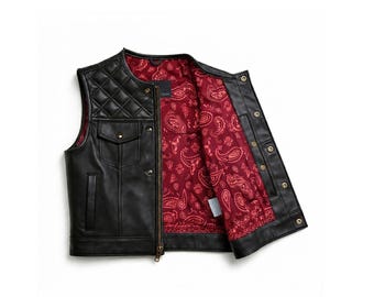 Chaleco de cuero negro para hombre estilo motero con forro rojo estampado paisley - Chaleco acolchado con hombreras en forma de diamante - Chaleco urbano moderno