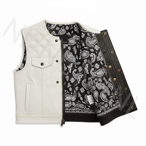 Chaleco de motociclista de piel de vacuno blanca para hombre con forro de cachemir negro – Chaleco de montar con cierre a presión del Motorcycle Club