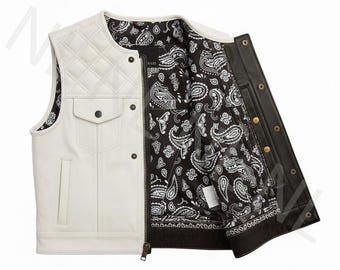 Wit rundleer bikervest heren met zwarte paisley-voering - Motorcycle Club-vest met drukknopen aan de voorkant