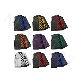 Może przedstawiać: Dziewięć skórzanych kamizelek w różnych kolorach, każda z pikowanym zewnętrzem i kratkową podszewką. Kamizelki są prezentowane z widoczną podszewką, prezentując kolory takie jak niebieski, żółty, czerwony, pomarańczowy, fioletowy i zielony.