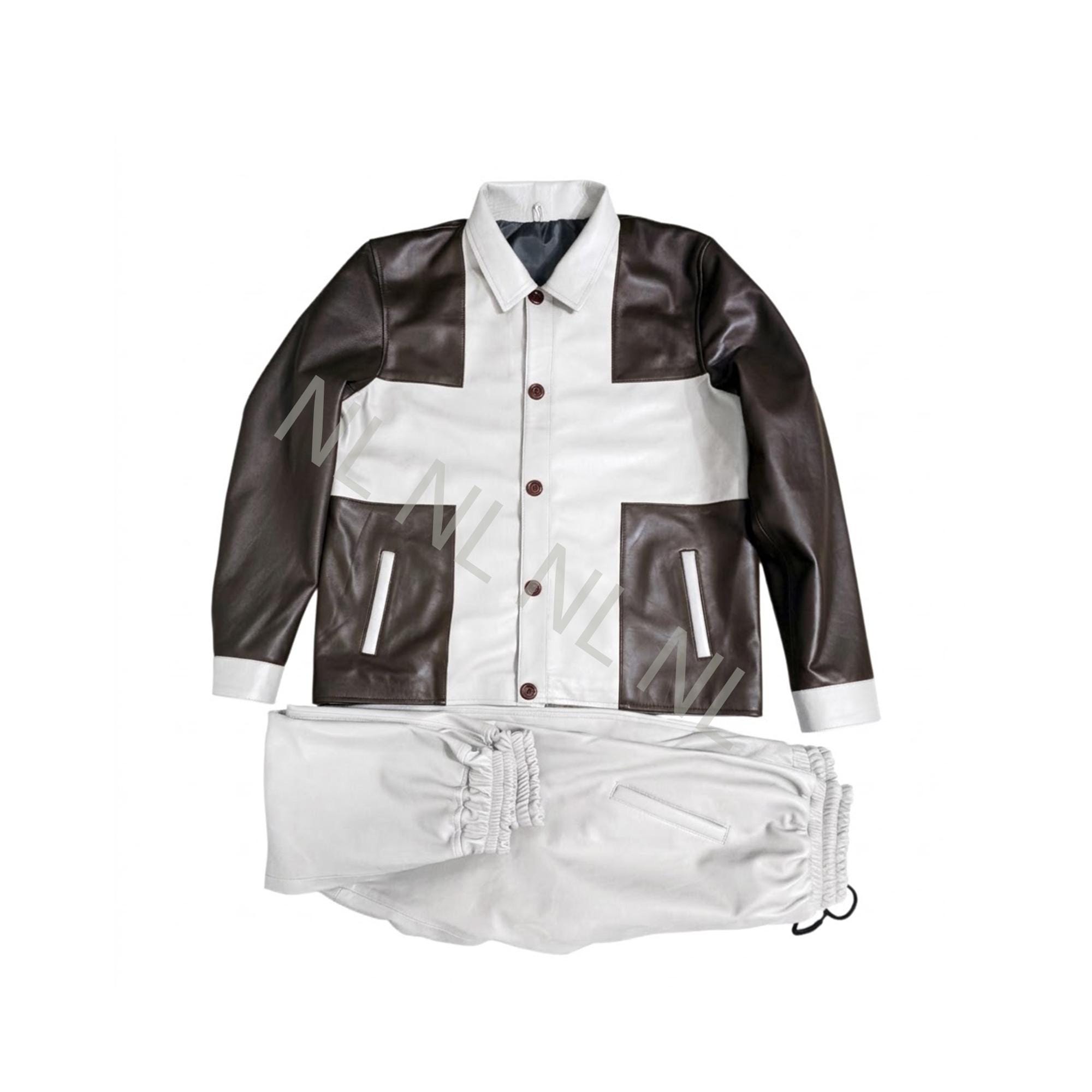 Men's White Black Leather Tracksuit Two Tone Jacket Pants Set