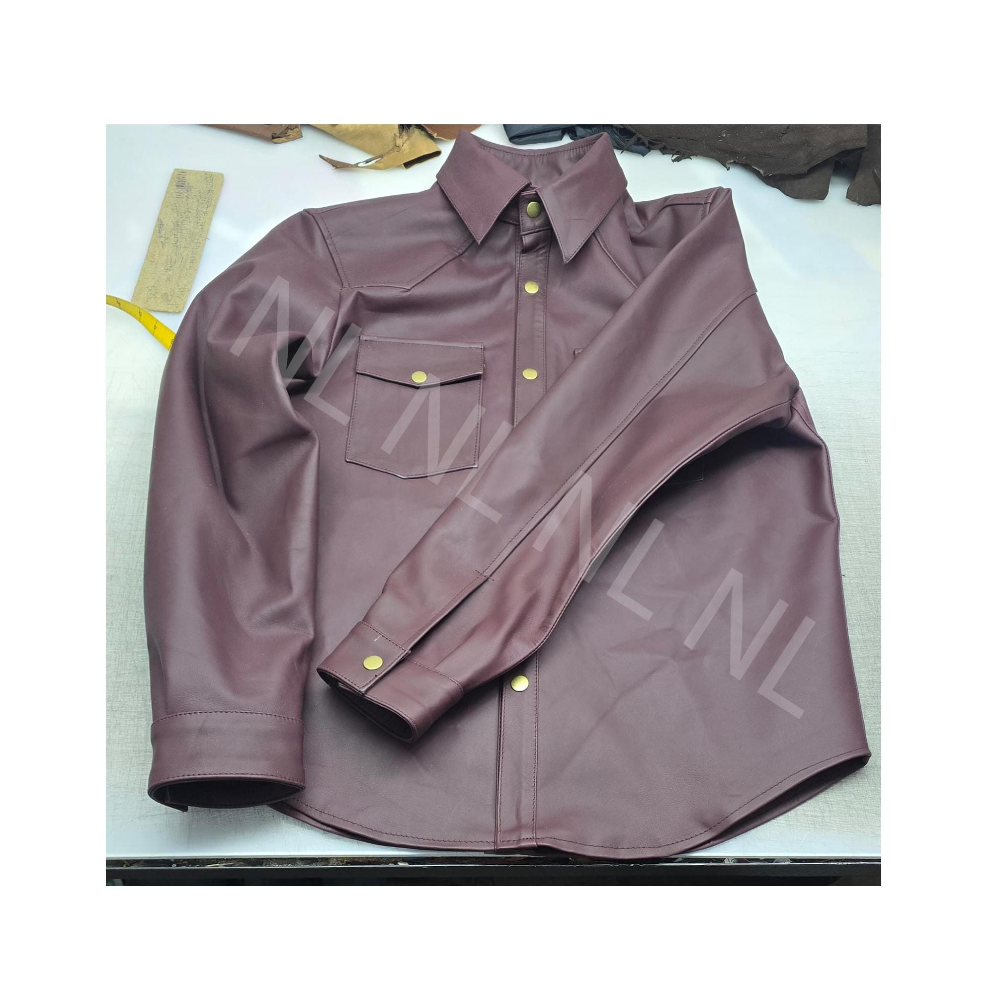 Men's Burgundy Lambskin Leather Western Shirt, Soft Biker Cowboy Style Button Down