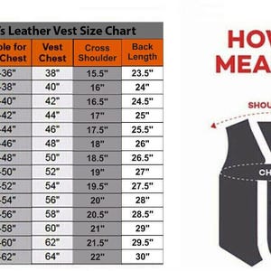 May include: A size chart for men's leather vests, with measurements in inches. The chart includes sizes from XXS to 9XL, detailing body chest, vest chest, cross shoulder, and back length. A diagram illustrates how to measure for the vest.