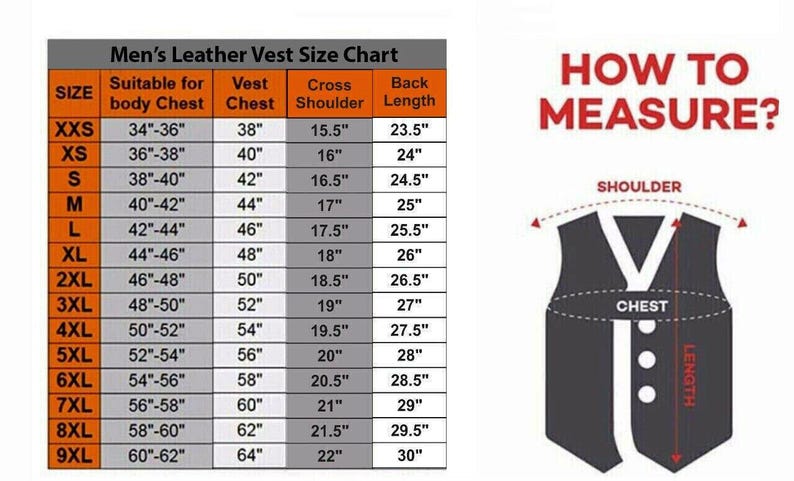 May include: A size chart for men's leather vests, with measurements in inches. The chart includes sizes from XXS to 9XL, detailing body chest, vest chest, cross shoulder, and back length. A diagram illustrates how to measure for the vest.