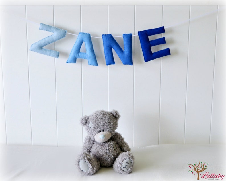 Personalized felt name banner  name garland   ombre blue image 0