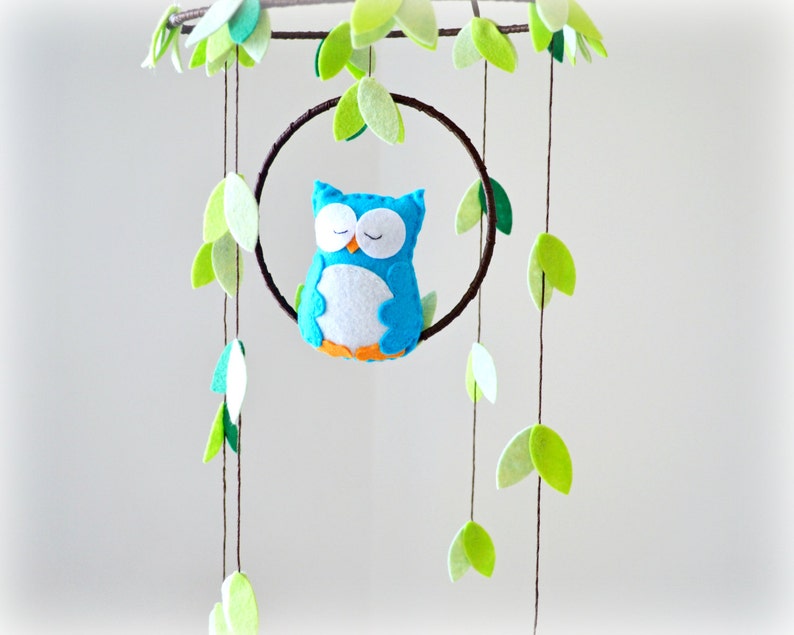 Owl mobile  woodland  baby mobile  cyan white and green  image 0