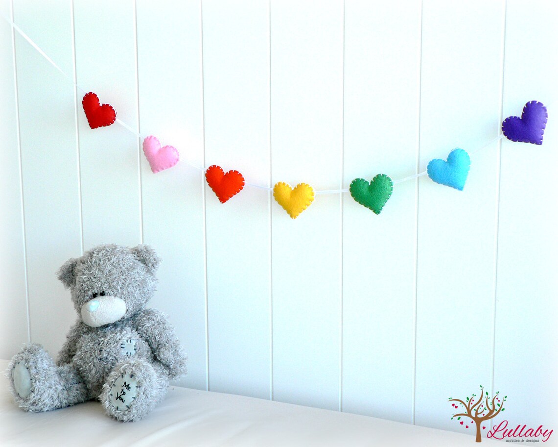 Rainbow banner/ garland/ bunting felt hearts Nursery decor Etsy
