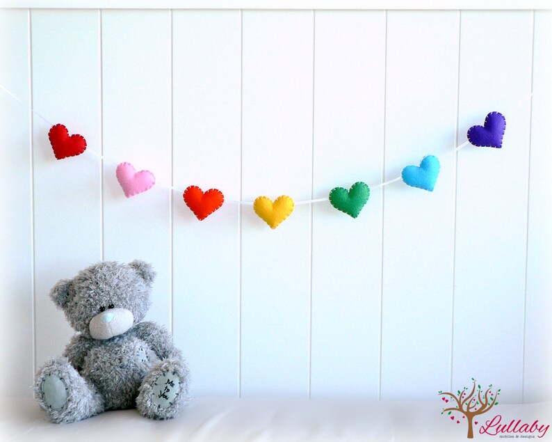 Rainbow banner/ garland/ bunting felt hearts Nursery decor Etsy