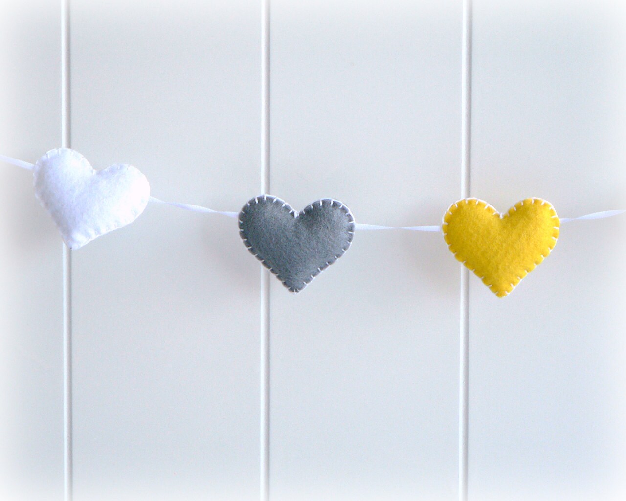 Heart banner/ garland/ bunting in white gray and yellow felt Etsy