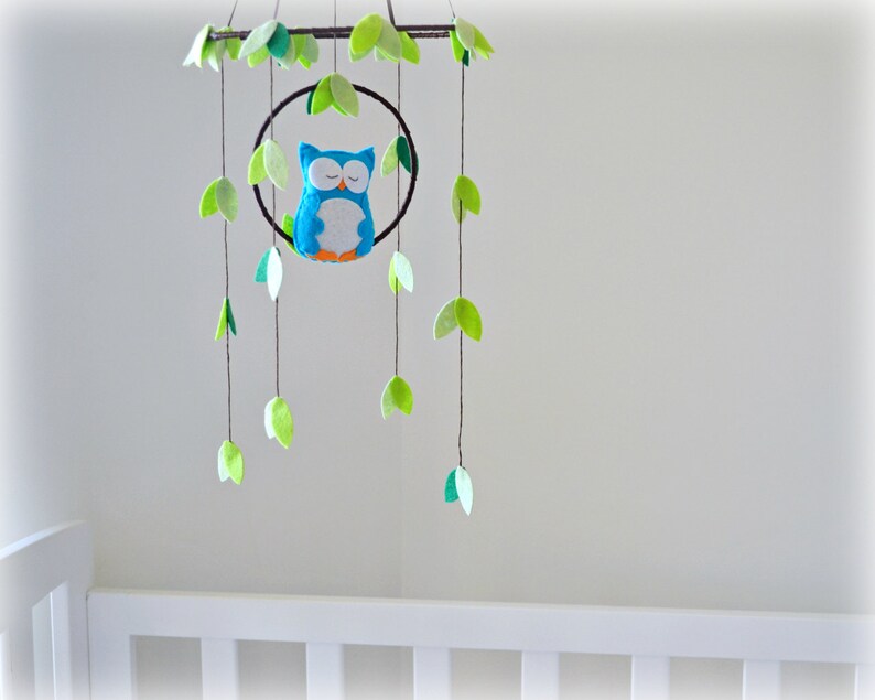 Owl mobile  woodland  baby mobile  cyan white and green  image 2