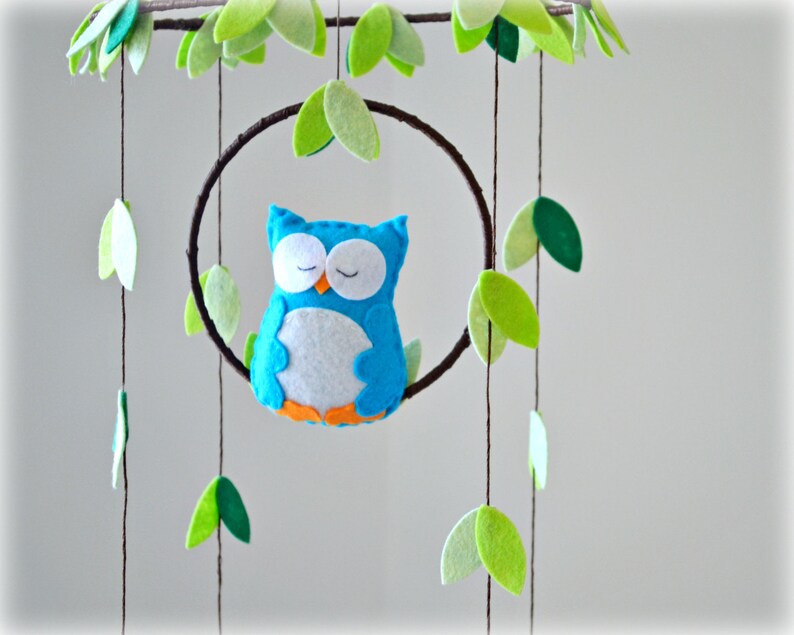 Owl mobile  woodland  baby mobile  cyan white and green  image 3