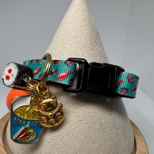Sushi Cat Collar Breakaway Safety Buckle with Charms and Bell.