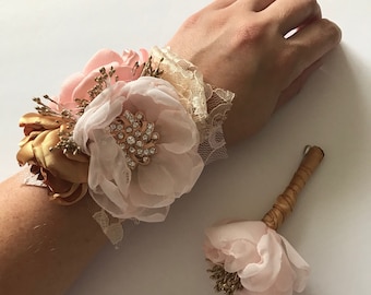 Blush and Gold Corsage and Boutonnière - Choose Your Piece at Check out - Pink Gold, Rose Gold, Fabric Flowers, Prom, Homecoming, Corsage