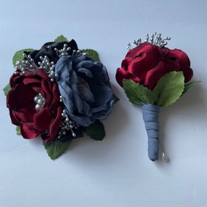 Dusty Blue, Wine Red, Black and Greenery Corsage or Boutonnière