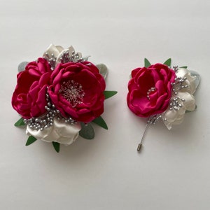 Hot Pink and Cream with Silver Accents and Greenery - Corsage or Boutonnière Set
