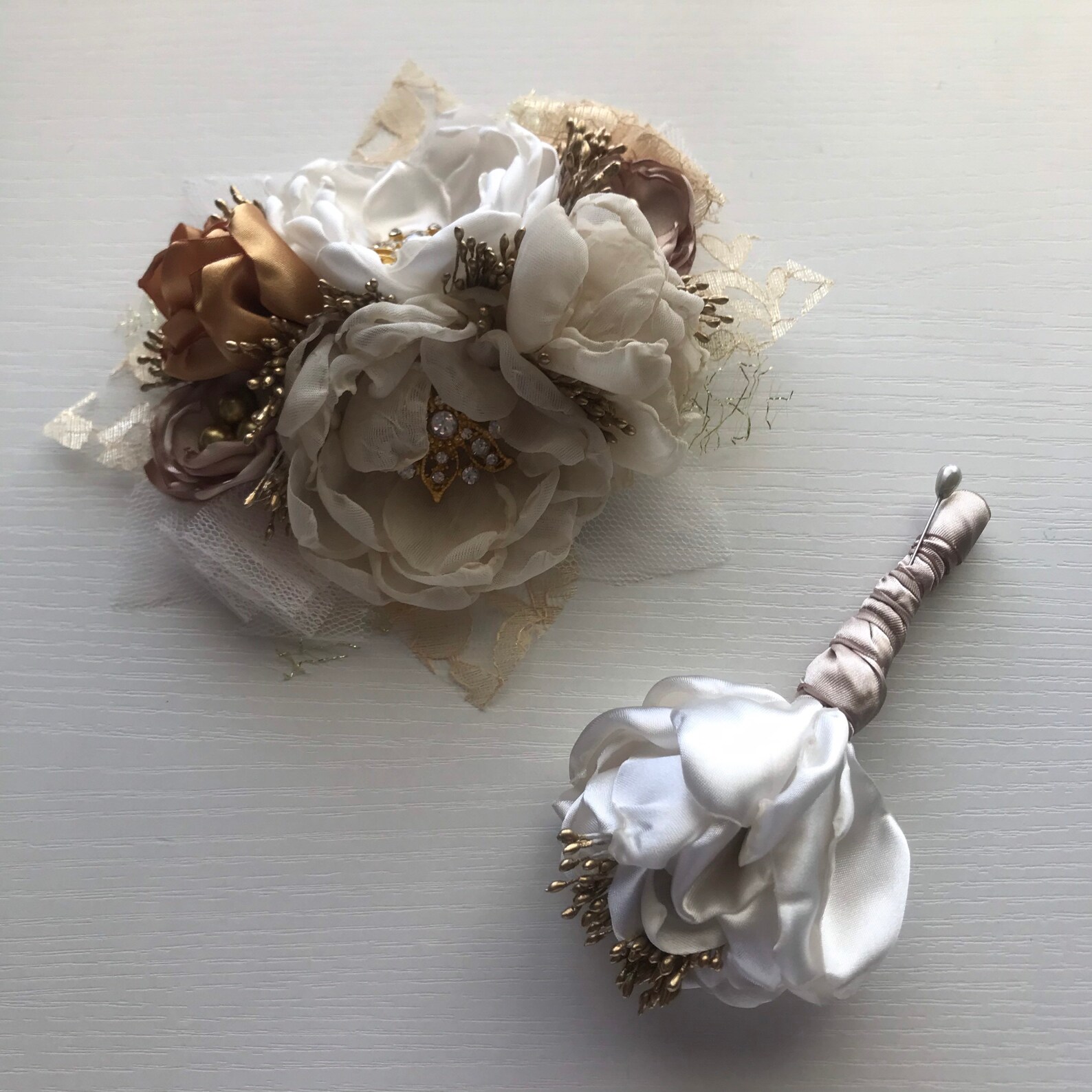 Large Wrist Corsage in Cream Champagne and Gold or Etsy