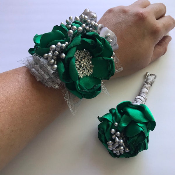 Emerald Green and Silver Wrist Corsage Or Boutonnière