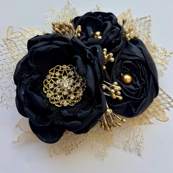 Black and Gold Fabric Flower Hair Clip - Fascinator Clip  display picture 2