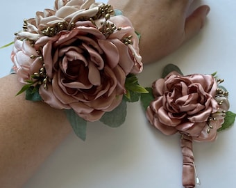 Rose Gold, Champagne, and Blush with Greenery - Wrist Corsage or Boutonnière
