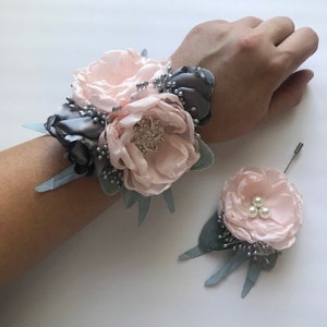 Pale Pink and Charcoal with Greenery Corsage or Boutonnière - Handmade Fabric Flowers, Prom Flowers, HOCO Flowers, Homecoming, Pink Flowers