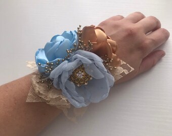Gold and Baby Blue Wrist Corsage