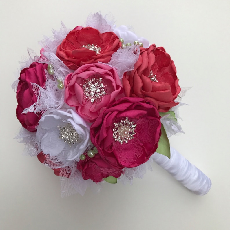 Fabric Flower Bouquet Faabric Flowers Bouquet Coral Pink Fabric Wedding Flowers Pink Bridal Large Size Hot Pink and Pure White